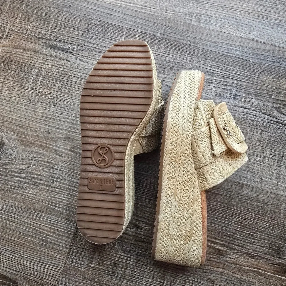 Sam & Libby Womens Beige Woven Raffia Platform Slide Sandals Buckle Size 7